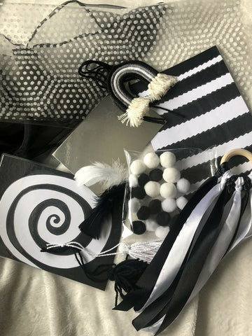 Black & White Sensory Bundle Box Ribbon Ring Scarf Card Handmade Baby Gift