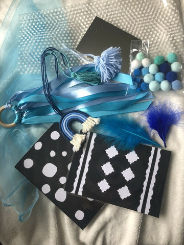 Blue Sensory Bundle Box Ribbon Ring Scarf Cards Handmade Baby Boy Gift